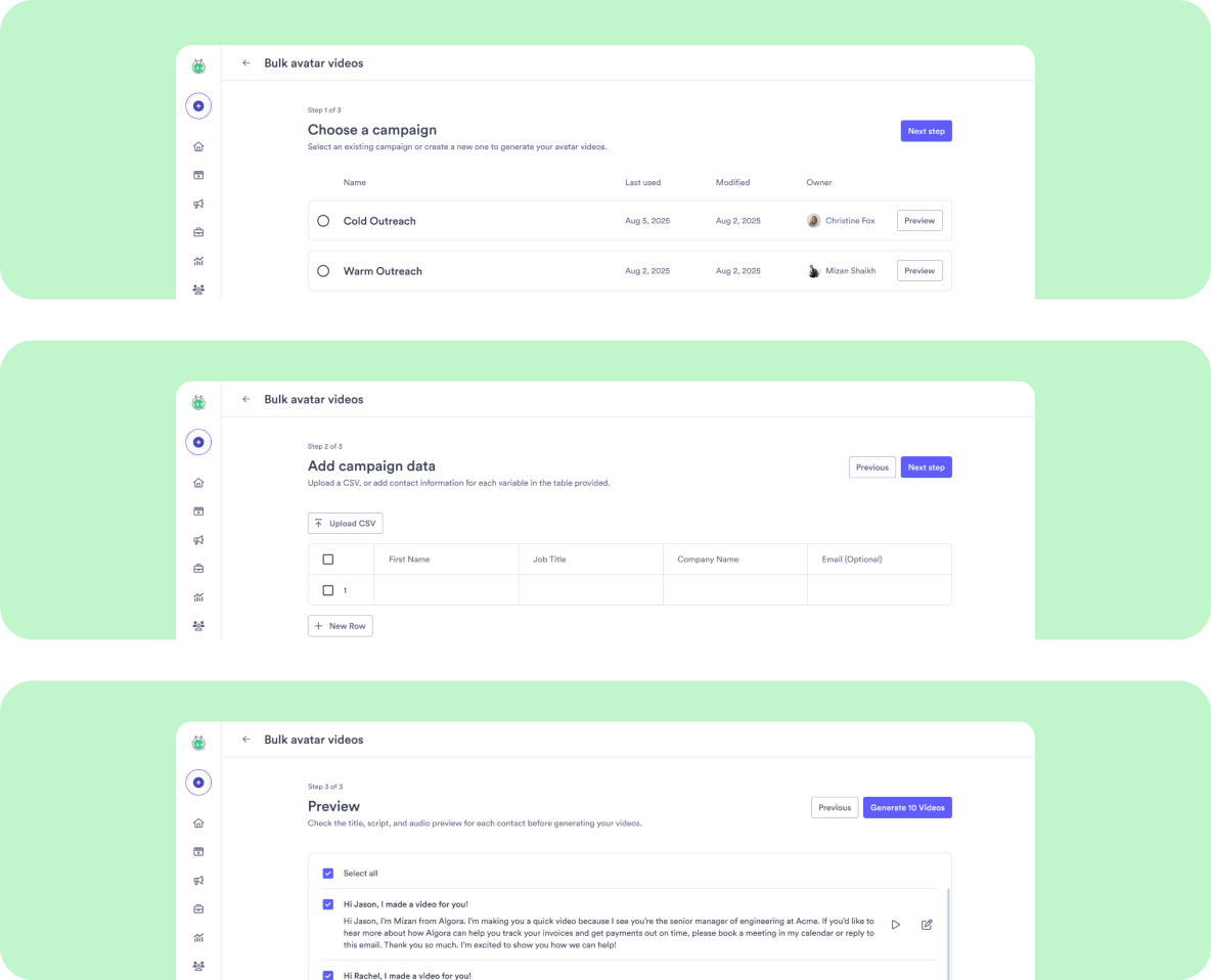The manual bulk-send flow in three steps — choose a campaign, add recipients in a table pre-filled with the campaign's variables (or paste a CSV), and preview each video before generating